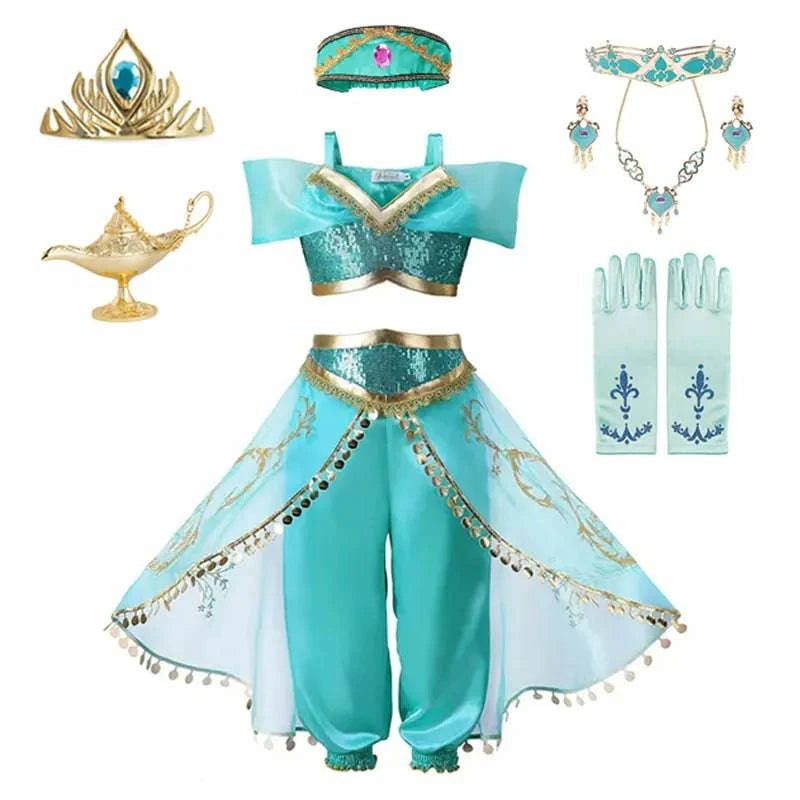 Disney Jasmine Princess Dress of Birthday Party Carnival Cosplay Aladdin Agic Lamp Girls Costume Vestidos Halloween Clothing Set - MadeLuxx