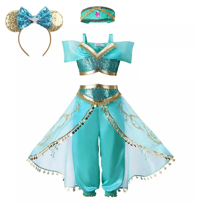 Disney Jasmine Princess Dress of Birthday Party Carnival Cosplay Aladdin Agic Lamp Girls Costume Vestidos Halloween Clothing Set - MadeLuxx