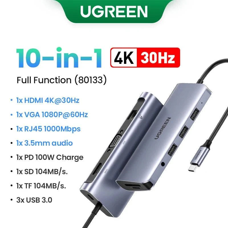 UGREEN Dual HDMI USB HUB 8K HDMI Adapter 10 in 1 Splitter with RJ45 USB 3.0 PD 100W Dock for MacBook Pro Air M2 M1 USB C HUB - MadeLuxx