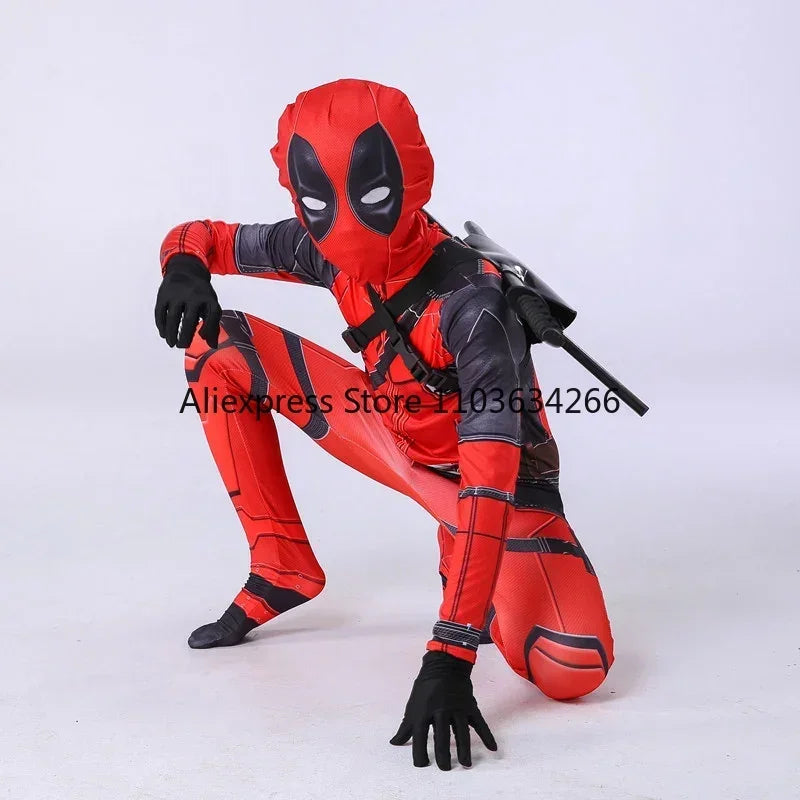 Adult Deadpool Costume Men Women Kids Cosplay Mask Suit Jumpsuit Backpack Knif Accessories Superhero Halloween Costume Child - MadeLuxx