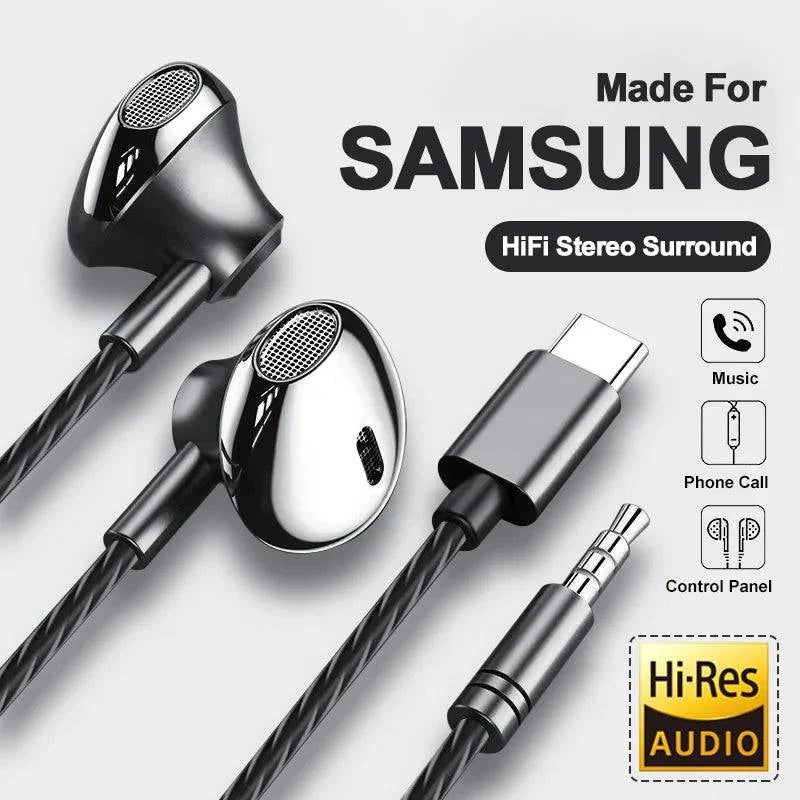 USB Type C Headphone HiFi Bass Stereo Volume Control Mic 3.5mm Wired Earbuds For Galaxy S24 S23 S22 S21 Ultra iPhone 15 Pro Max - MadeLuxx