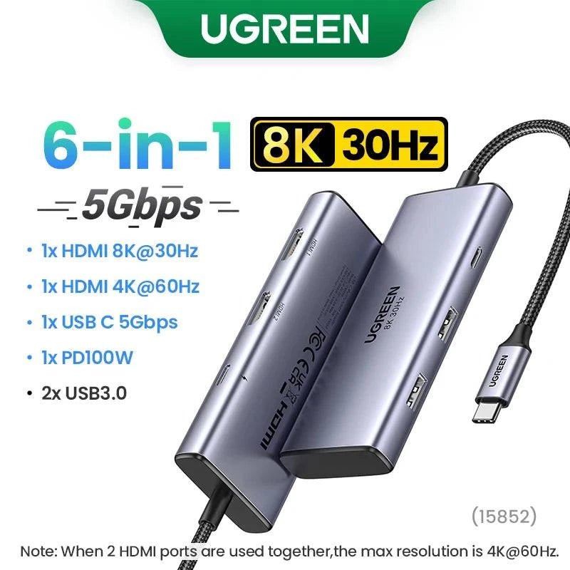 UGREEN Dual HDMI USB HUB 8K HDMI Adapter 10 in 1 Splitter with RJ45 USB 3.0 PD 100W Dock for MacBook Pro Air M2 M1 USB C HUB - MadeLuxx