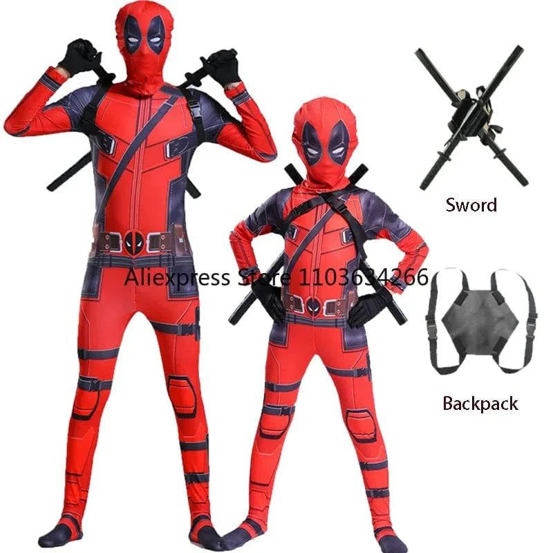 Adult Deadpool Costume Men Women Kids Cosplay Mask Suit Jumpsuit Backpack Knif Accessories Superhero Halloween Costume Child - MadeLuxx