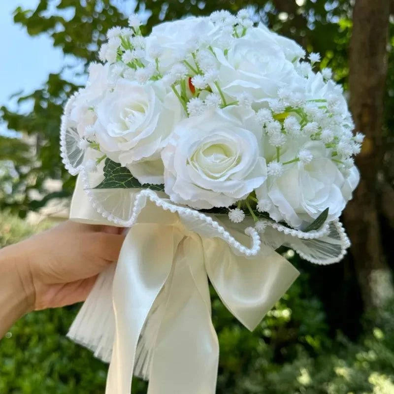 Wedding Bouquets for Bride Babysbreath Rose Bridesmaid Bouquets Silk Ribbon Valentine's Day Decoration Pearl Lace Mesh Ball Gift - MadeLuxx