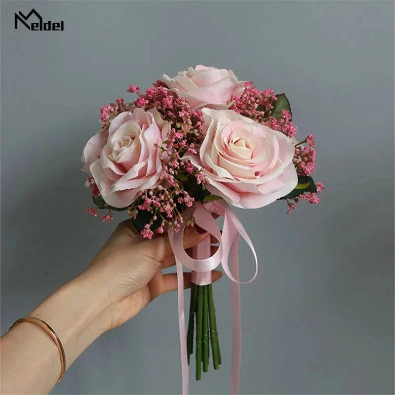 Meldel Bride Rose Bouquet Wedding Supplies Bridesmaid Rose Babysbreath Bouquet Flower Arrangement DIY Home Party Prom Decoration - MadeLuxx