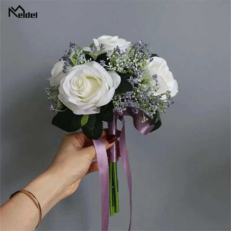 Meldel Bride Rose Bouquet Wedding Supplies Bridesmaid Rose Babysbreath Bouquet Flower Arrangement DIY Home Party Prom Decoration - MadeLuxx