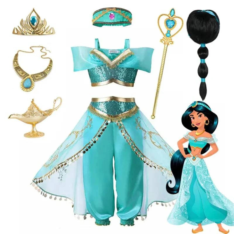 Disney Jasmine Princess Dress of Birthday Party Carnival Cosplay Aladdin Agic Lamp Girls Costume Vestidos Halloween Clothing Set - MadeLuxx