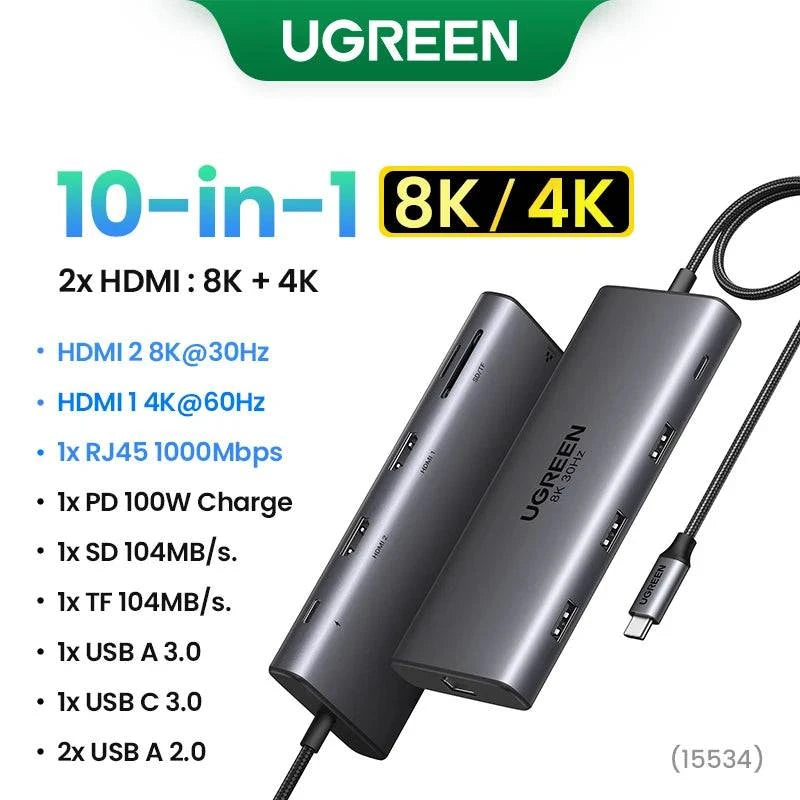 UGREEN Dual HDMI USB HUB 8K HDMI Adapter 10 in 1 Splitter with RJ45 USB 3.0 PD 100W Dock for MacBook Pro Air M2 M1 USB C HUB - MadeLuxx