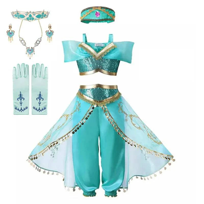 Disney Jasmine Princess Dress of Birthday Party Carnival Cosplay Aladdin Agic Lamp Girls Costume Vestidos Halloween Clothing Set - MadeLuxx