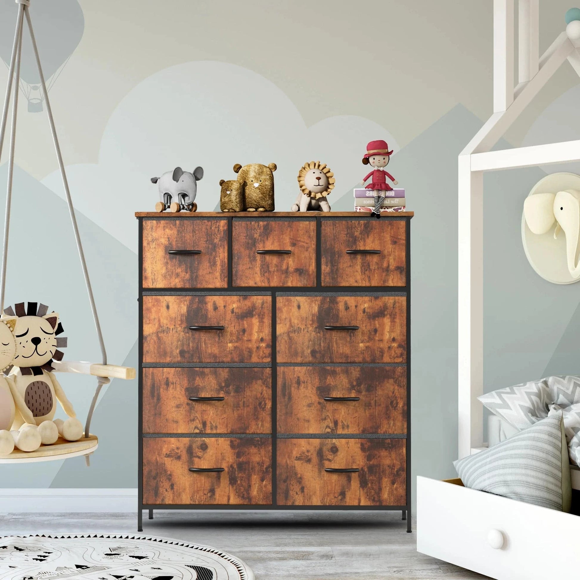 Dresser For Bedroom With 9 Fabric Storage Drawer Wardrobe Tall Chest Organizer Closet Adult Kids Clothes Wood Cabinet Furniture - MadeLuxx