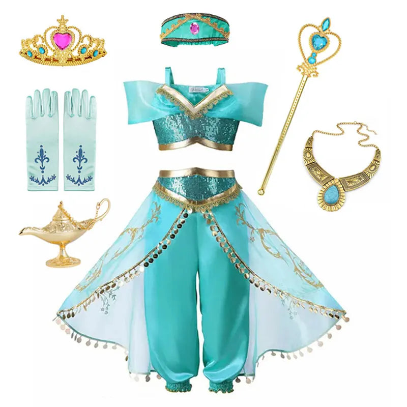 Disney Jasmine Princess Dress of Birthday Party Carnival Cosplay Aladdin Agic Lamp Girls Costume Vestidos Halloween Clothing Set - MadeLuxx