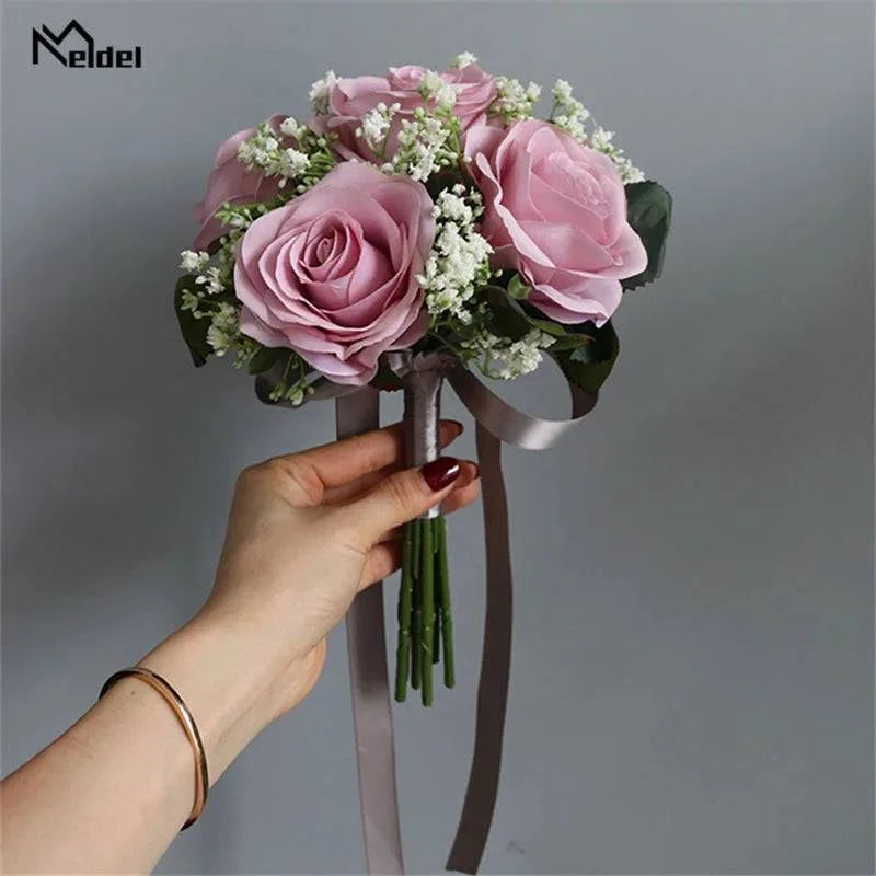 Meldel Bride Rose Bouquet Wedding Supplies Bridesmaid Rose Babysbreath Bouquet Flower Arrangement DIY Home Party Prom Decoration - MadeLuxx