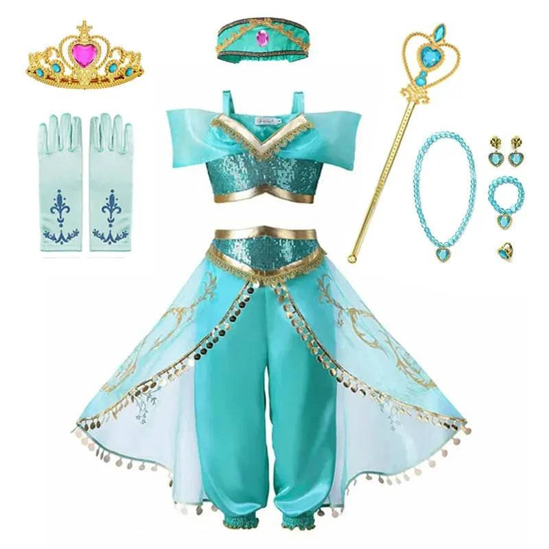 Disney Jasmine Princess Dress of Birthday Party Carnival Cosplay Aladdin Agic Lamp Girls Costume Vestidos Halloween Clothing Set - MadeLuxx