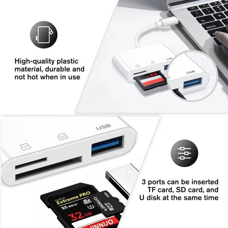 3 In 1 SD TF Card Reader For Apple iPhone 14 12 13 11 Pro Max XR XS USB C Camera Converter For iPad Android  Laptop OTG Adapter - MadeLuxx