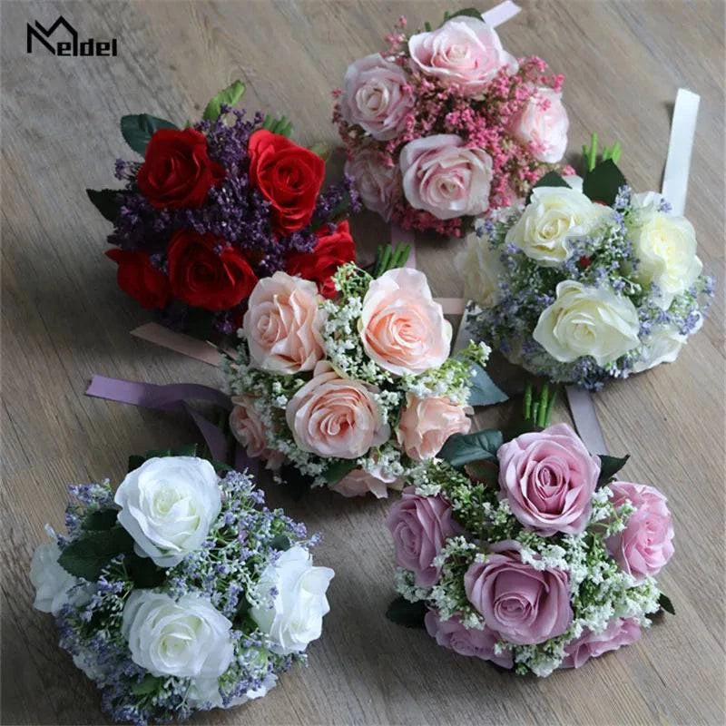 Meldel Bride Rose Bouquet Wedding Supplies Bridesmaid Rose Babysbreath Bouquet Flower Arrangement DIY Home Party Prom Decoration - MadeLuxx