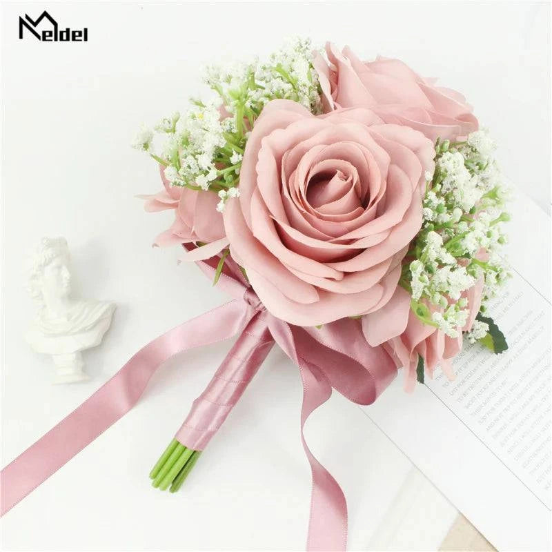 Meldel Bride Rose Bouquet Wedding Supplies Bridesmaid Rose Babysbreath Bouquet Flower Arrangement DIY Home Party Prom Decoration - MadeLuxx