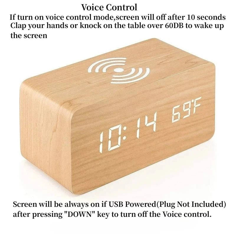 Voice Control Wooden Digital Alarm Clock Wireless Charging Temperature - MadeLuxx