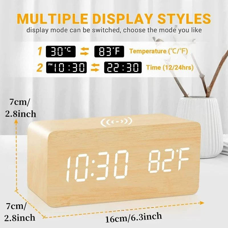 Voice Control Wooden Digital Alarm Clock Wireless Charging Temperature - MadeLuxx