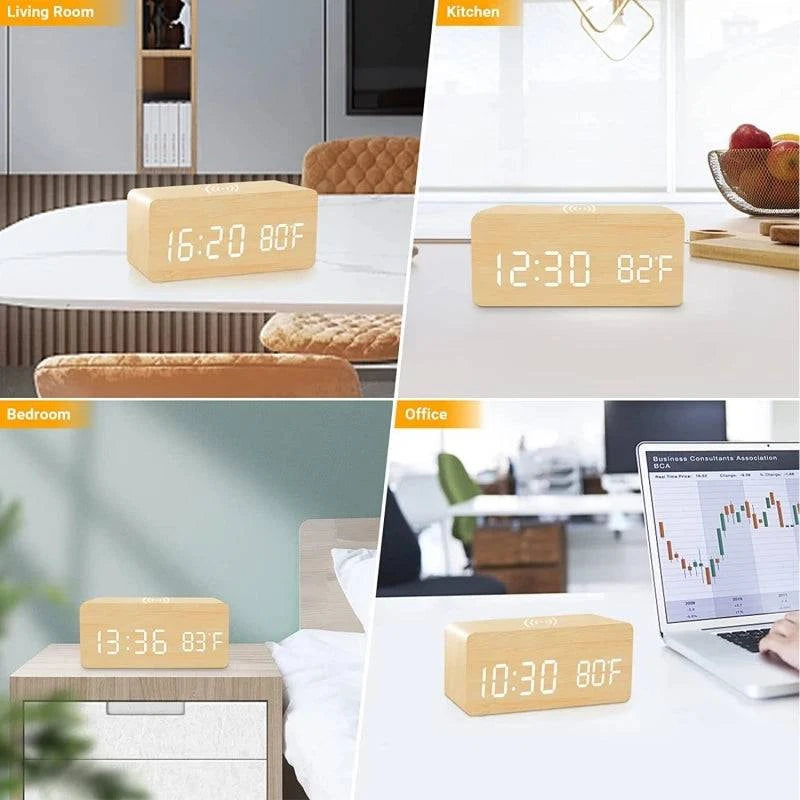 Voice Control Wooden Digital Alarm Clock Wireless Charging Temperature - MadeLuxx