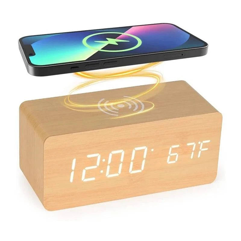 Voice Control Wooden Digital Alarm Clock Wireless Charging Temperature - MadeLuxx