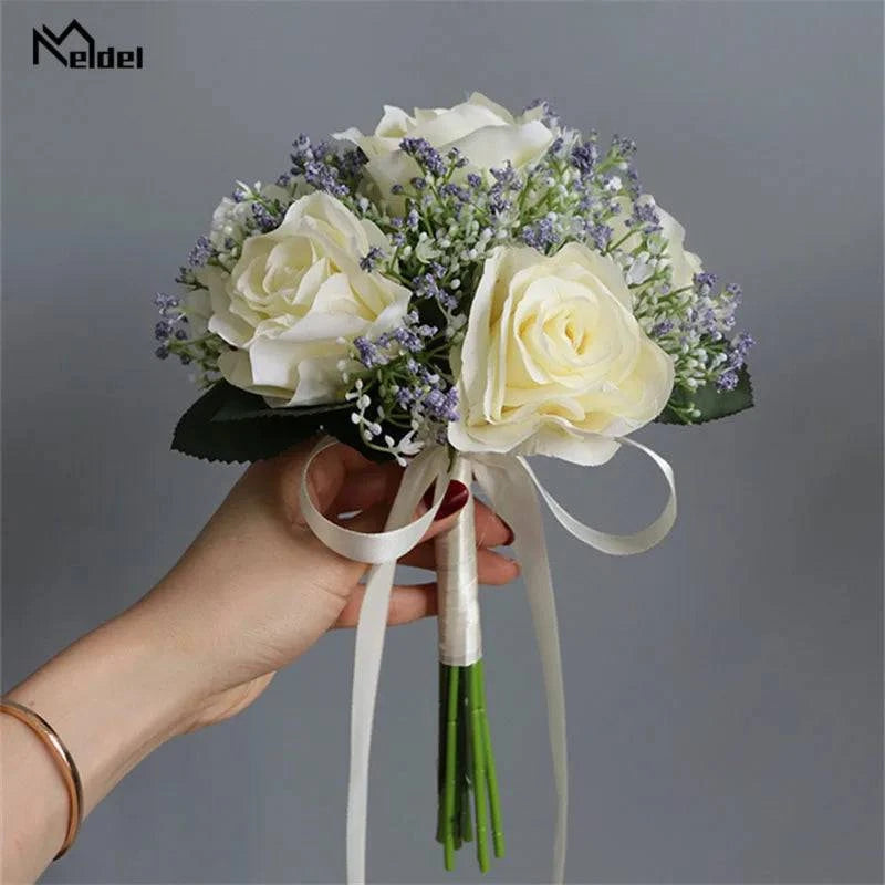 Meldel Bride Rose Bouquet Wedding Supplies Bridesmaid Rose Babysbreath Bouquet Flower Arrangement DIY Home Party Prom Decoration - MadeLuxx