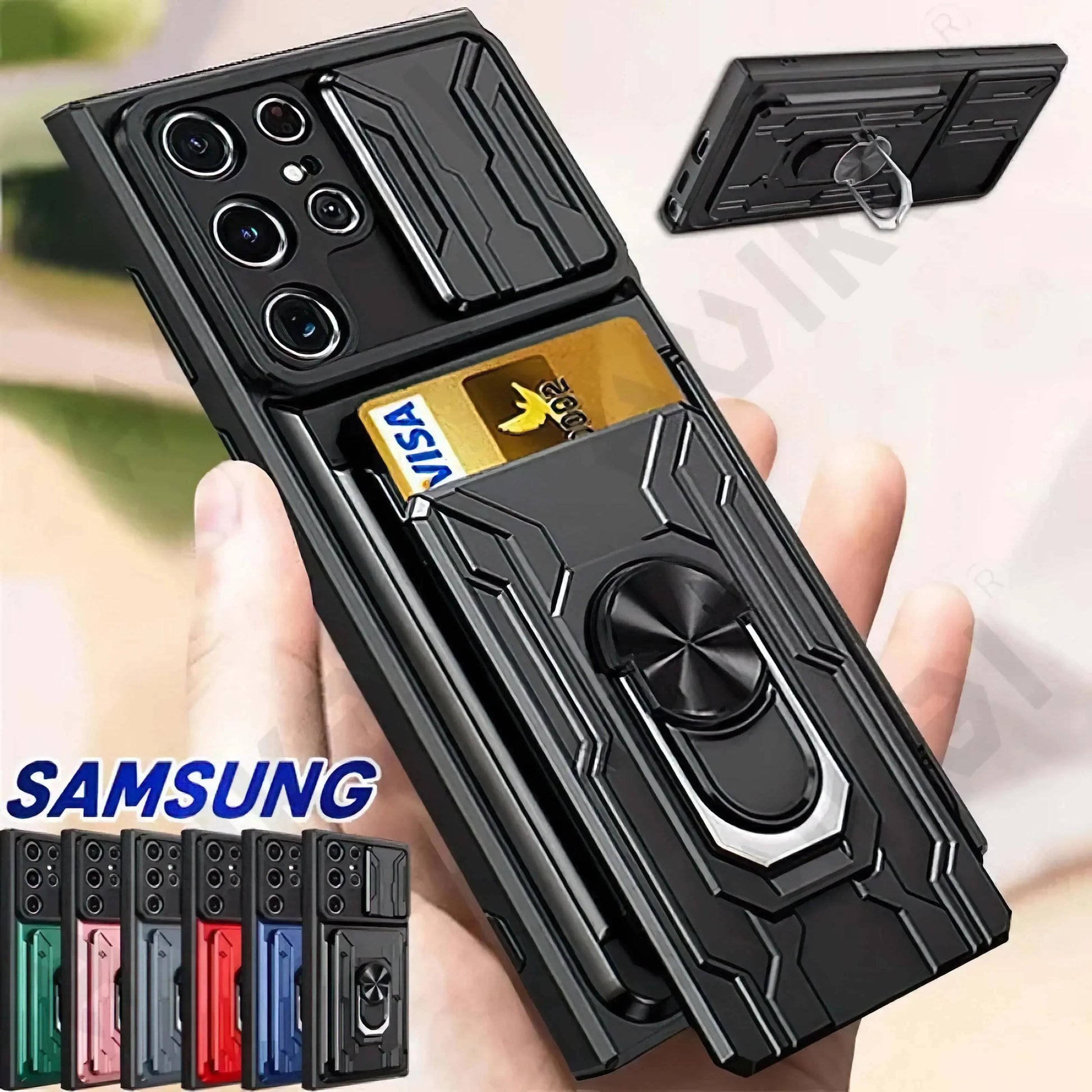 Case For Samsung Galaxy S24 S23 S22 S21 Ultra Plus S20 FE A55 A35 A54 A14 A34 4G 5G  Slide Camera Card Holder 360° Ring Cover - MadeLuxx