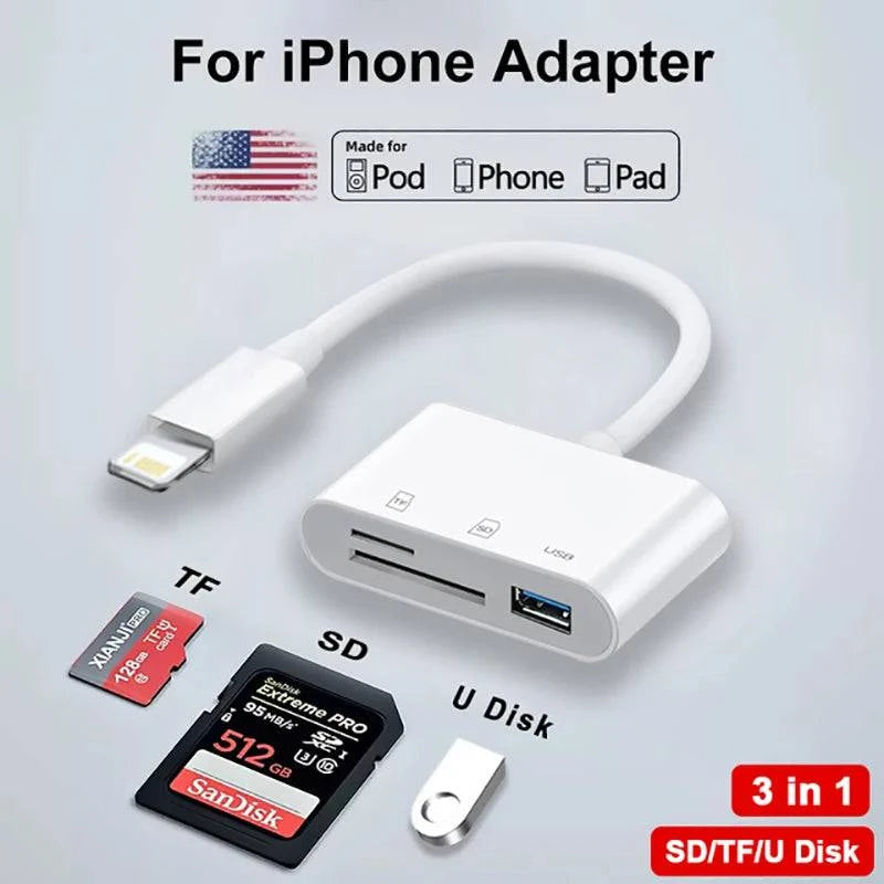 3 In 1 SD TF Card Reader For Apple iPhone 14 12 13 11 Pro Max XR XS USB C Camera Converter For iPad Android  Laptop OTG Adapter - MadeLuxx