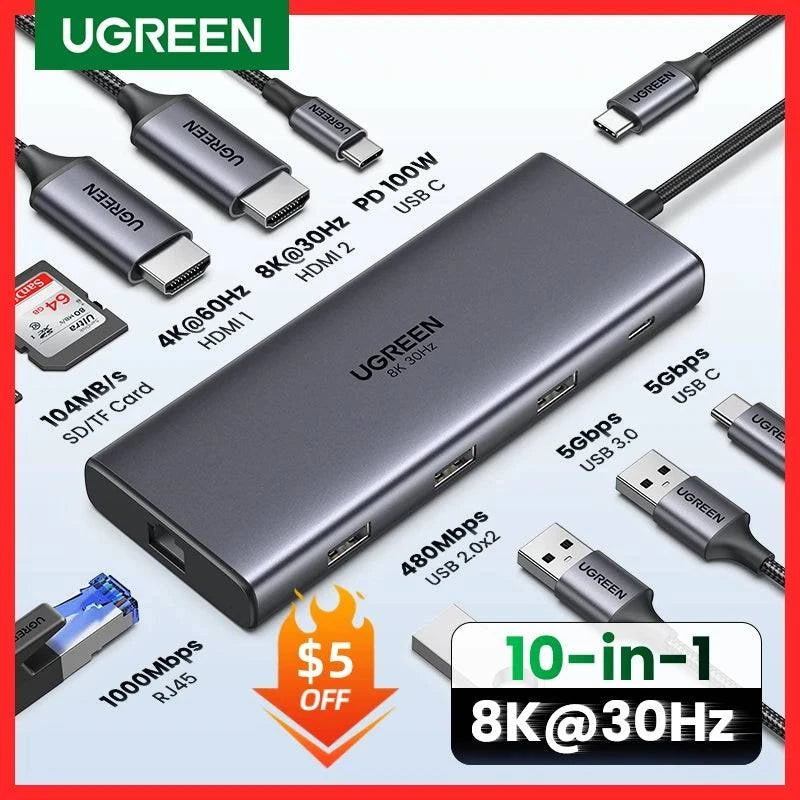 UGREEN Dual HDMI USB HUB 8K HDMI Adapter 10 in 1 Splitter with RJ45 USB 3.0 PD 100W Dock for MacBook Pro Air M2 M1 USB C HUB - MadeLuxx