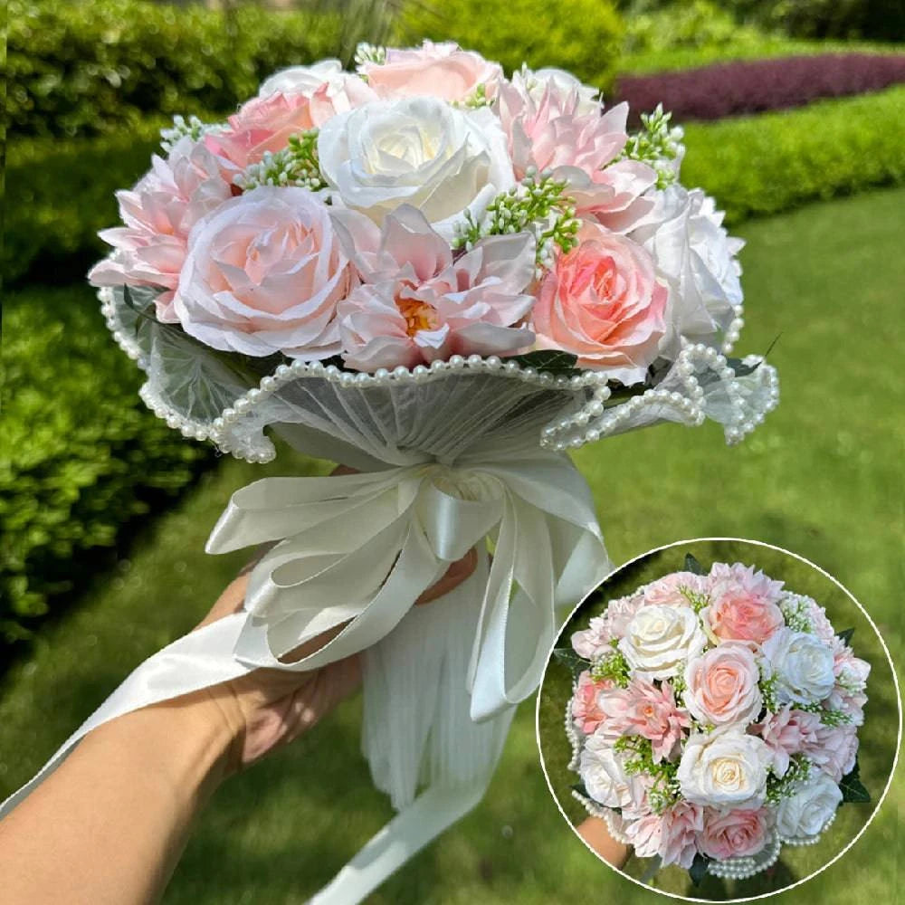 Wedding Bouquets for Bride Babysbreath Rose Bridesmaid Bouquets Silk Ribbon Valentine's Day Decoration Pearl Lace Mesh Ball Gift - MadeLuxx