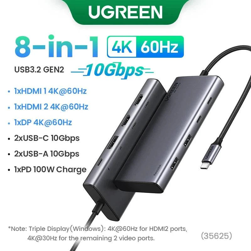 UGREEN Dual HDMI USB HUB 8K HDMI Adapter 10 in 1 Splitter with RJ45 USB 3.0 PD 100W Dock for MacBook Pro Air M2 M1 USB C HUB - MadeLuxx