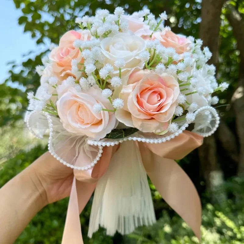 Wedding Bouquets for Bride Babysbreath Rose Bridesmaid Bouquets Silk Ribbon Valentine's Day Decoration Pearl Lace Mesh Ball Gift - MadeLuxx