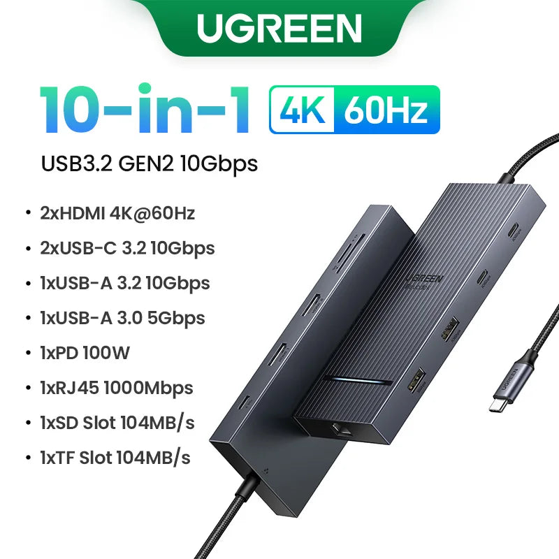 UGREEN Dual HDMI USB HUB 8K HDMI Adapter 10 in 1 Splitter with RJ45 USB 3.0 PD 100W Dock for MacBook Pro Air M2 M1 USB C HUB - MadeLuxx